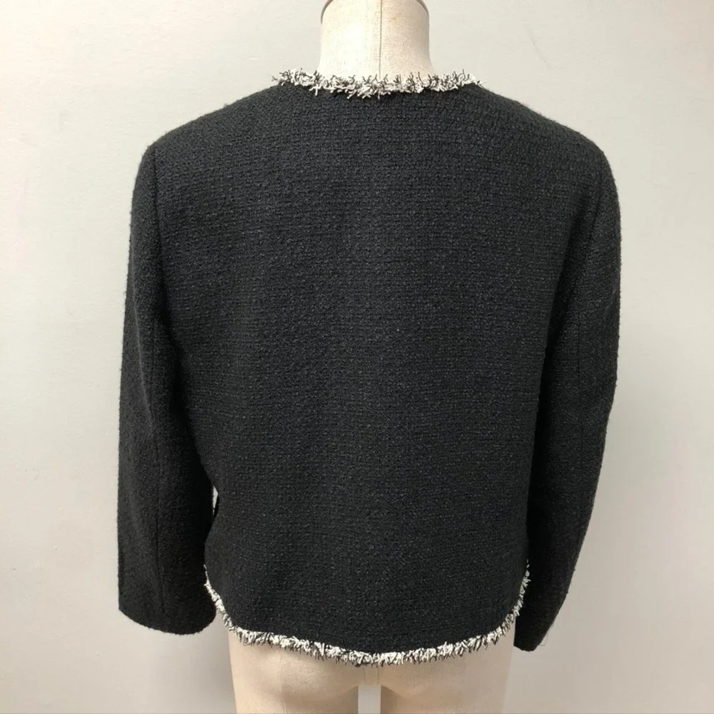 Loft Tweed Jacket Womens Large Black White Fringe Gold‎ Button Professional